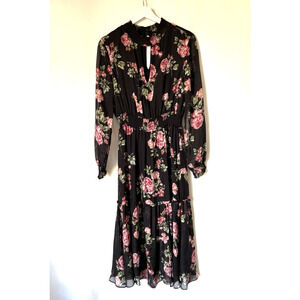Intermix Silk Chiffon Dress 2 Midi Floral Black Long Sleeve Formal Cocktail